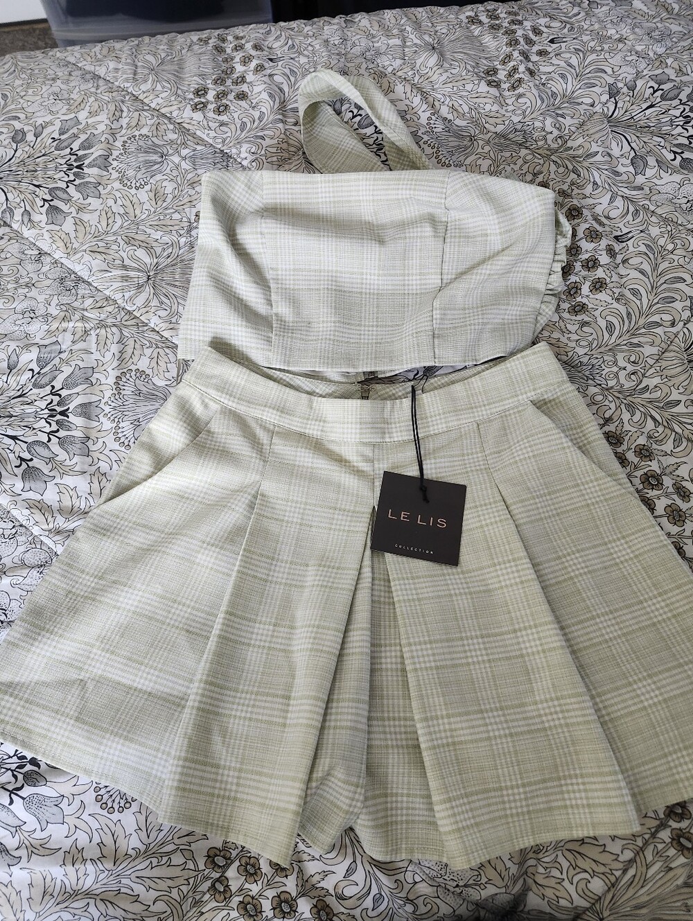 Le Lis Light Green Plaid Halter Crop Top & Pleated Skirt Shorts Set